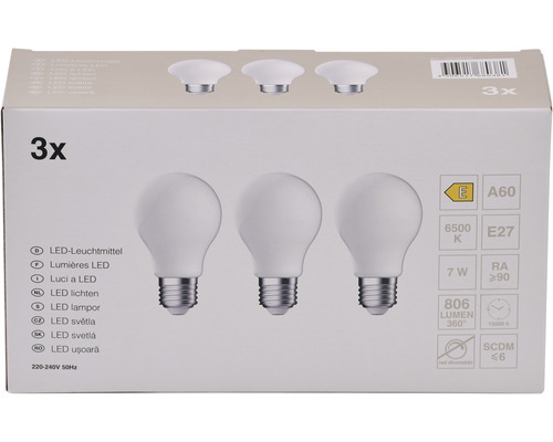 Verpackung mit drei LED Leuchtmitteln E27 7 Watt