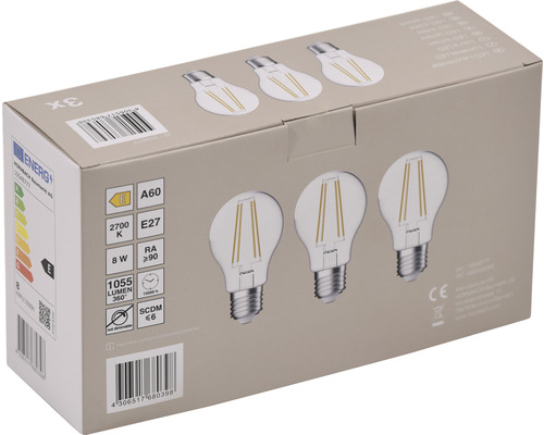 Paquet de trois ampoules LED E27 d''une puissance de 8 watts