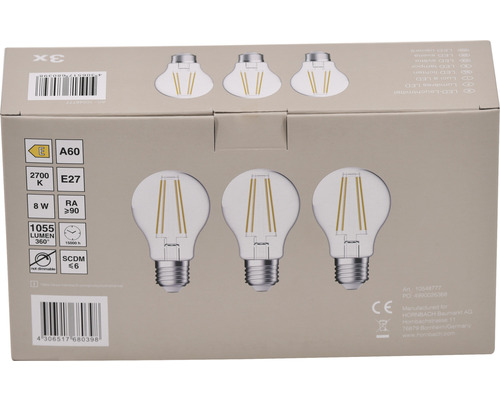 Emballage de trois ampoules LED A60, E27, 8 watts