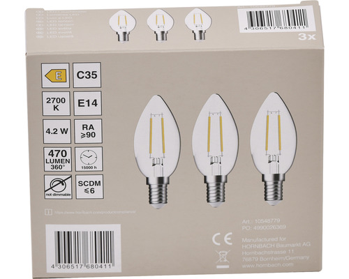Emballage de trois ampoules LED, culot E14, 4,2 watts, 470 lumens, 2700 kelvins, non dimmable