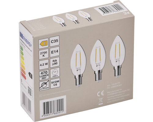 Paquet de trois ampoules LED en forme de bougie, culot E14, non dimmable.