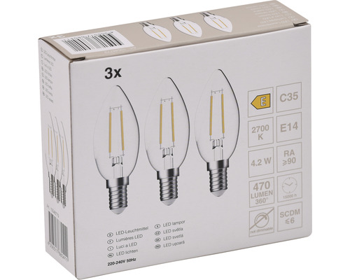 Lot de trois ampoules LED en forme de goutte, culot E14, 4,2 watts