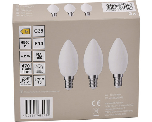 Paquet de trois ampoules LED en forme de goutte, culot E14, 4,2 watts, 470 lumens