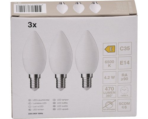 Paquet de trois ampoules LED, douille E14, forme C35