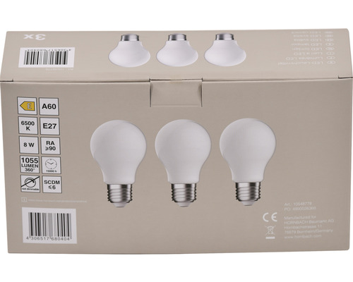 Verpackung mit drei LED Leuchtmitteln, E27 Fassung, 8 Watt, 1055 Lumen