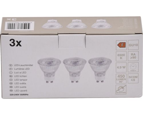 Verpackung mit drei LED Leuchtmitteln mit GU10 Fassung