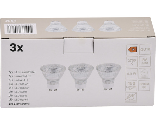 Packung mit drei LED Leuchtmitteln mit GU10 Sockel