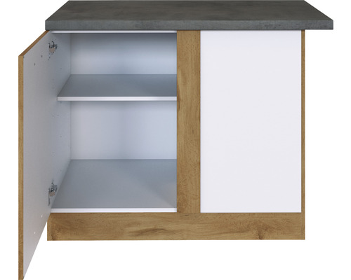 Meuble haut avec porte ouverte, deux étagères et plan de travail