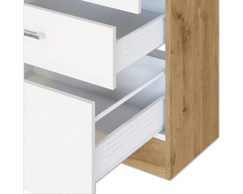 Auszugsschrank mit weißen Schubladen und Holzkorpus