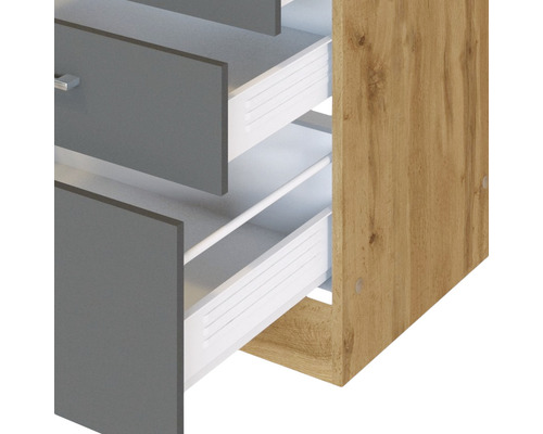 Meuble avec tiroirs gris et structure en bois