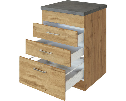 Meuble bas avec trois tiroirs et plan de travail gris