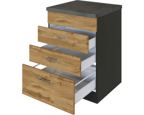 Unterschrank mit drei Schubladen im Holzdesign und Betonoptik Arbeitsplatte