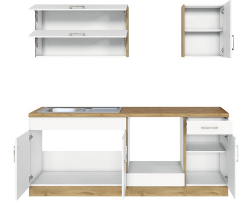 Küchenzeile mit Spüle, Schublade und Schränken