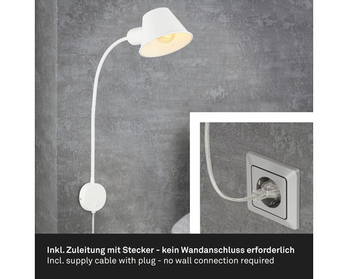 Weisse Wandleuchte mit Stecker und Zuleitung
