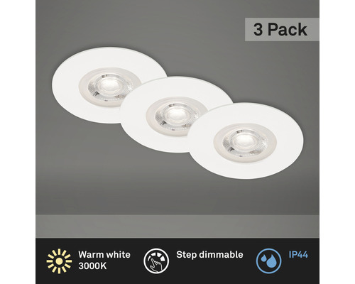 Trois spots encastrables LED, blanc chaud, à intensité variable, indice de protection IP44