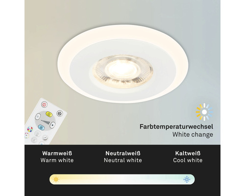 Weisse Deckenleuchte mit Farbwechselfunktion und Fernbedienung.