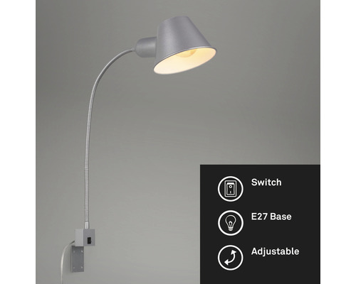 Verstellbare, silberfarbene Wandleuchte mit E27 Fassung und Schalter