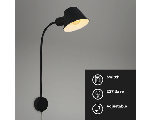 Schwarze Wandleuchte mit E27 Fassung, Schalter und verstellbarem Arm