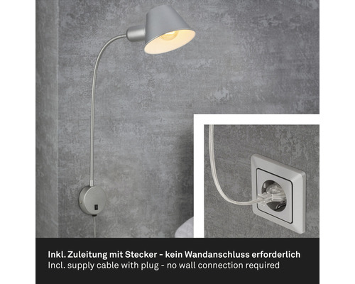 Silberne Wandleuchte mit flexiblem Arm und Stecker