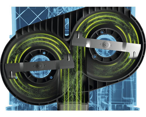 Détail du système de coupe à double lame d''une tondeuse à gazon