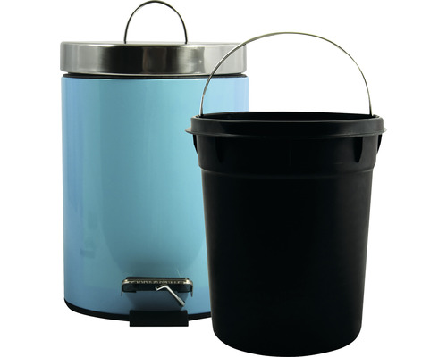 Hellblaue Tretmülleimer mit schwarzem Inneneimer.
