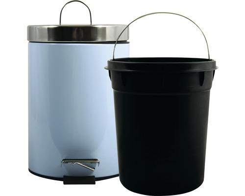Hellblauer Tretabfalleimer mit Edelstahldeckel und schwarzem Kunststoffeimer