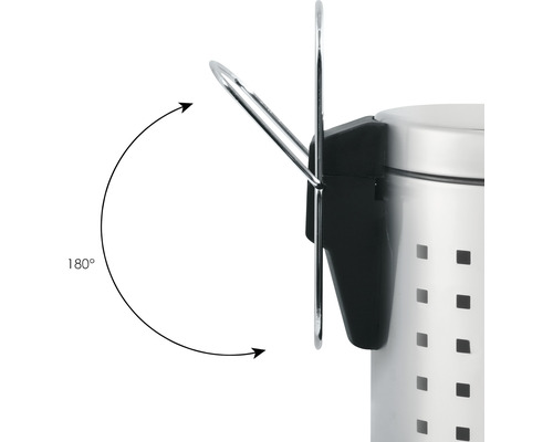Schwenkbarer Haltegriff für Abfalleimer mit einem Schwenkbereich von 180 Grad.