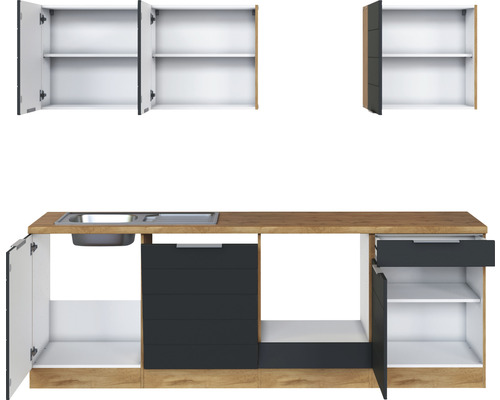 Cuisine linéaire avec évier, armoires et tiroirs