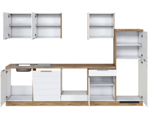 Küchenzeile mit Spüle, Schubladen und Schränken