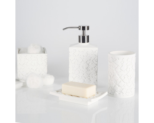 Badezimmer-Set mit Seifenspender, Seifenschale, Zahnputzbecher und Behälter für Wattepads