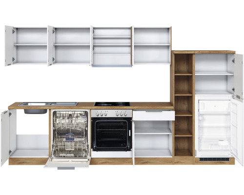Cuisine complète avec évier, lave-vaisselle, cuisinière, four, tiroir, réfrigérateur et armoires