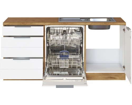 Cuisine équipée avec évier, lave-vaisselle et tiroirs