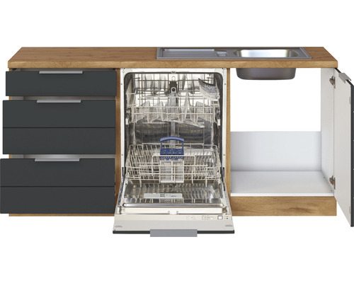 Cuisine équipée avec évier, lave-vaisselle et tiroirs