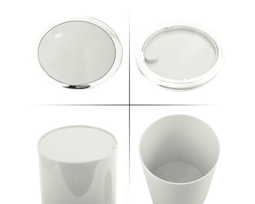 Poubelle à couvercle oscillant, vues de dessus, de dessous et de l''intérieur