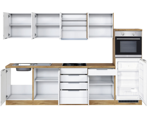 Cuisine équipée avec évier, plaque de cuisson, four et réfrigérateur