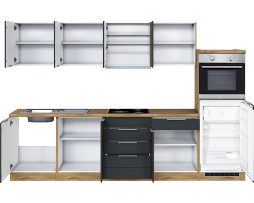 Cuisine équipée avec évier, plaque de cuisson, tiroirs, four et réfrigérateur