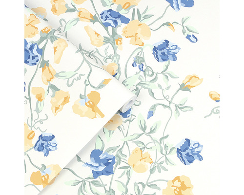 Papier peint à motif floral avec des fleurs jaunes et bleues