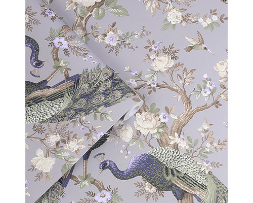 Papier peint avec motif paons et fleurs
