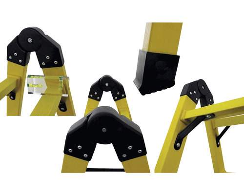 Vue détaillée d''une échelle multifonction jaune avec niveau et articulations noires