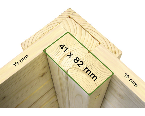 Detailansicht einer Holzecke mit Maßangaben 19 mm und 41 x 82 mm