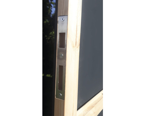 Vue détaillée d''une gâche de porte en métal fixée sur un cadre en bois.