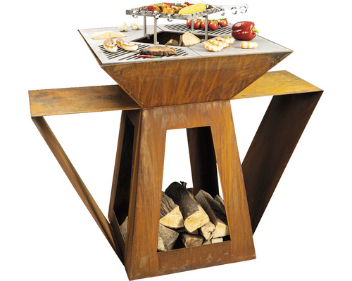 Grill aus Stahl mit Ablageflächen und Holz