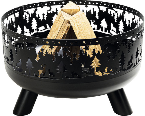 Feuerstelle mit Waldmotiv und Holz