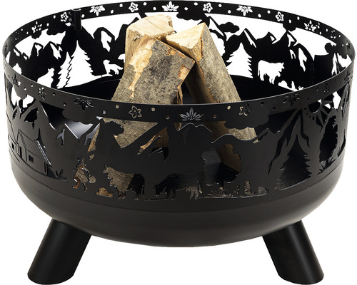 Feuerschale aus Metall mit Bergmotiv und Holz
