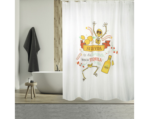 Rideau de douche avec motif de squelette et de tequila dans la salle de bain