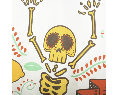 Graphique avec un crâne jaune, des os et des éléments floraux