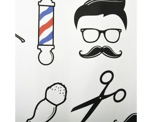 Illustration mit Friseurmotiven wie Barbierpfosten, Bart und Schere