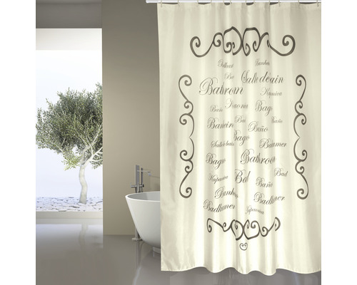Rideau de douche avec inscription salle de bain en plusieurs langues dans une salle de bain lumineuse