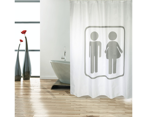 Weisser Duschvorhang mit Symbol für Damen und Herren im Badezimmer