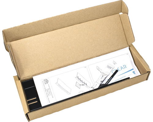 Produktverpackung mit Montageanleitung und Zubehör